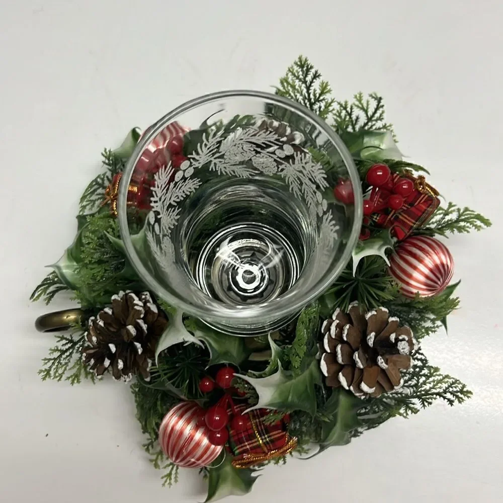 Metal Vintage Candlestick Holder Glass Etched Votive with Christmas Floral Ring